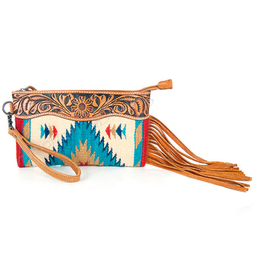 American Darling ADBG344TANB Wristlet Hand Tooled Saddle Blanket Genuine Leather Women Bag Western Handbag Purse